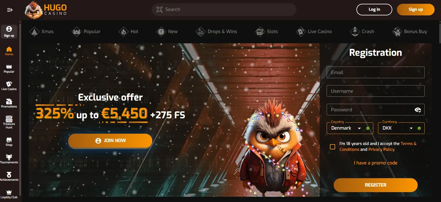 Hugo Casino homepage showing welcome offer and game categories