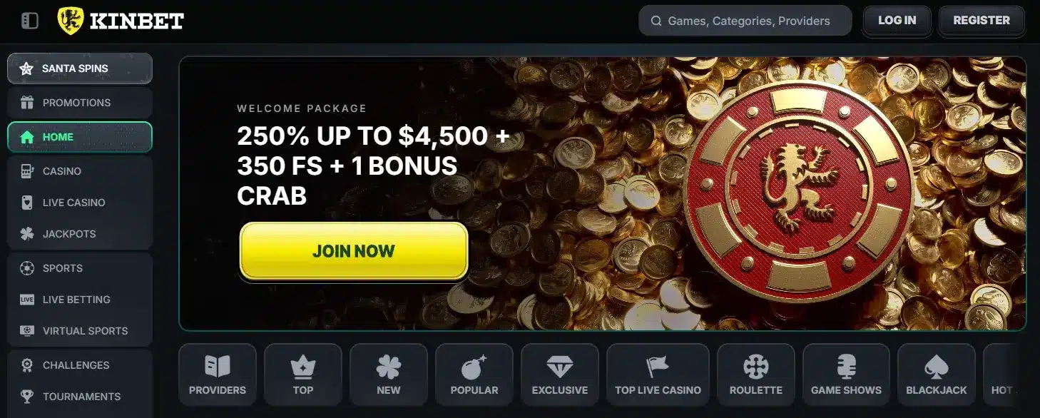 Kinbet casino homepage showing welcome package and game categories