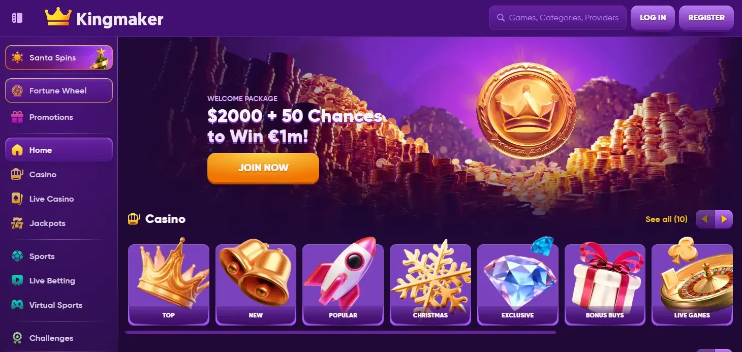 Kingmaker casino homepage showing promotions and featured casino games