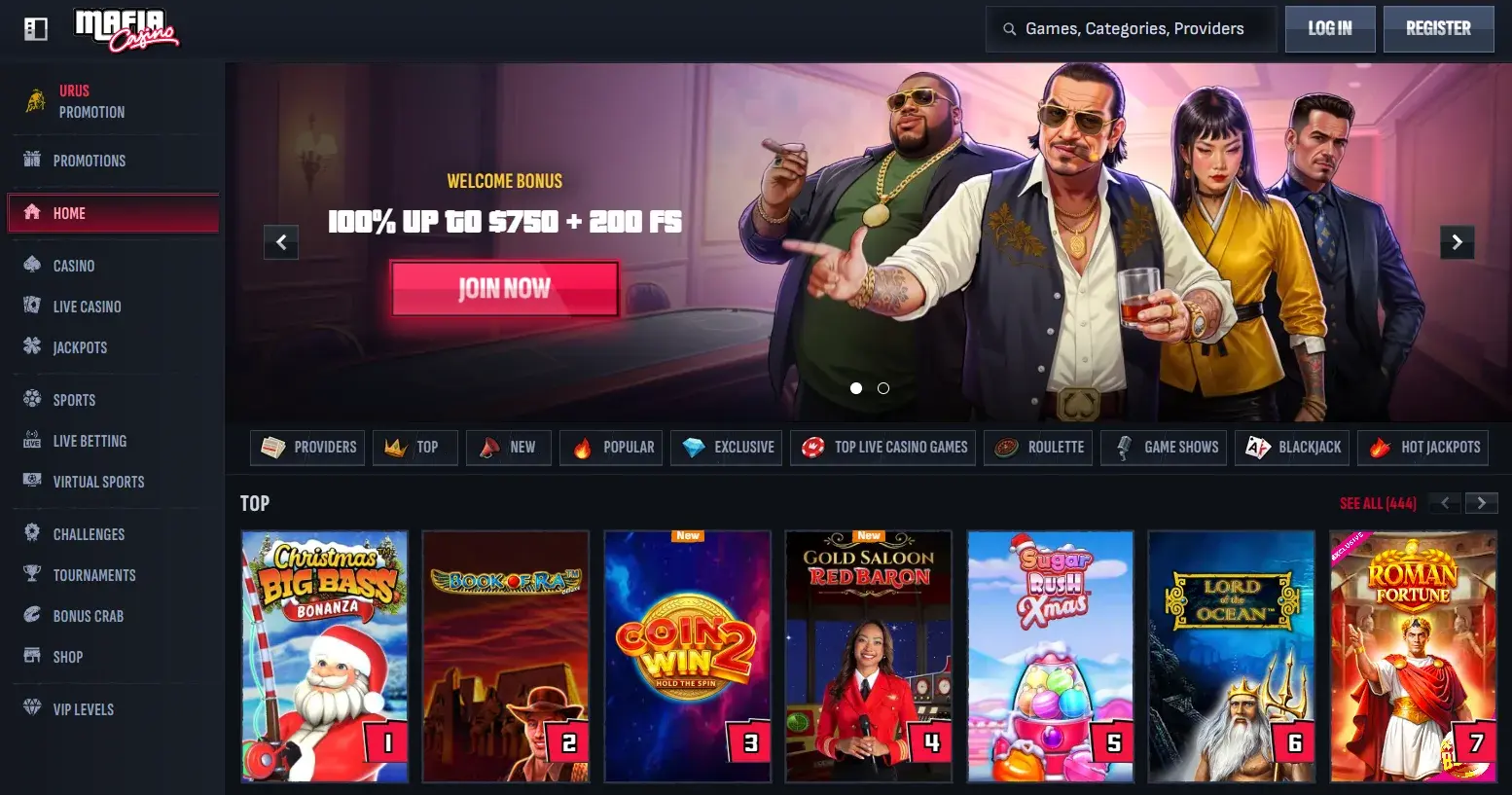 Mafia Casino homepage showing top online pokies