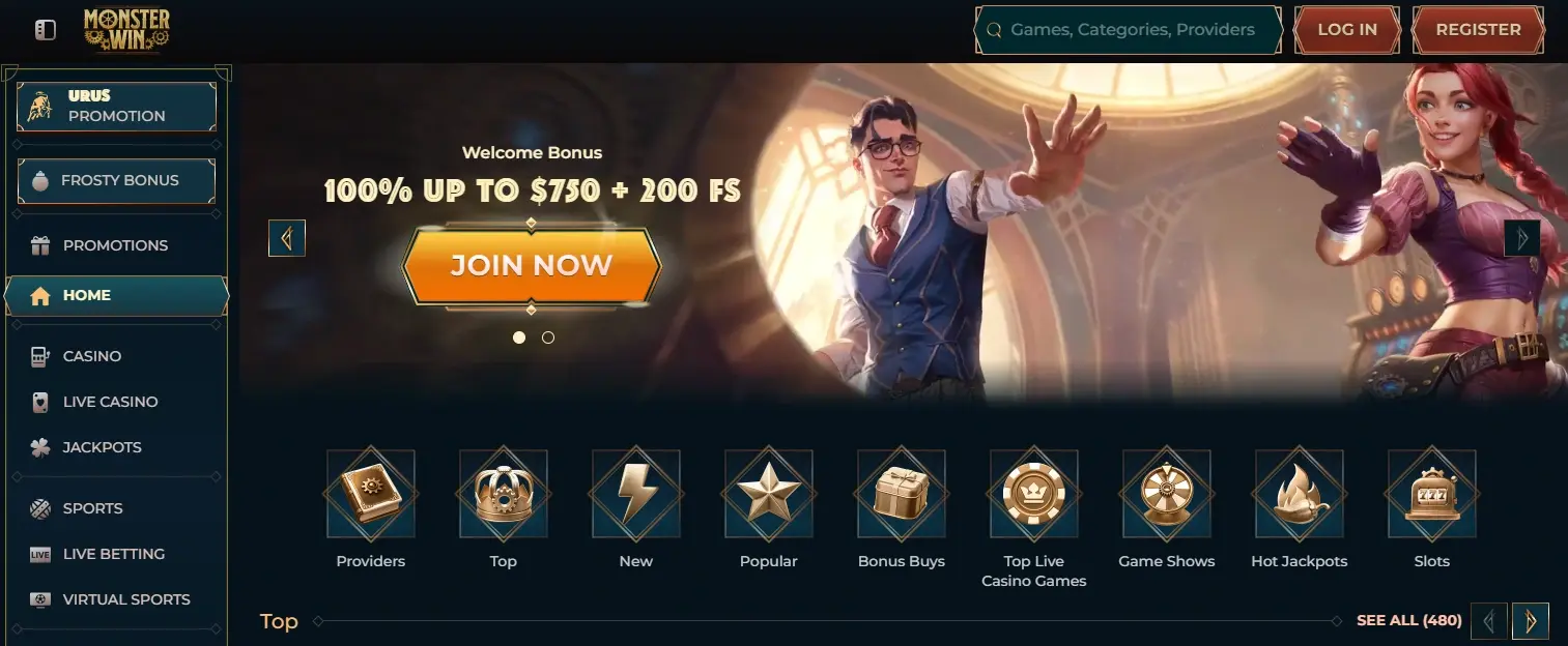MonsterWin casino homepage showing welcome bonus and game categories