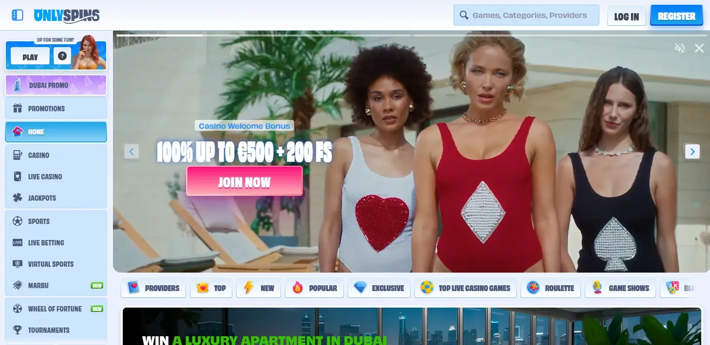 OnlySpins casino homepage showing welcome bonus and game categories